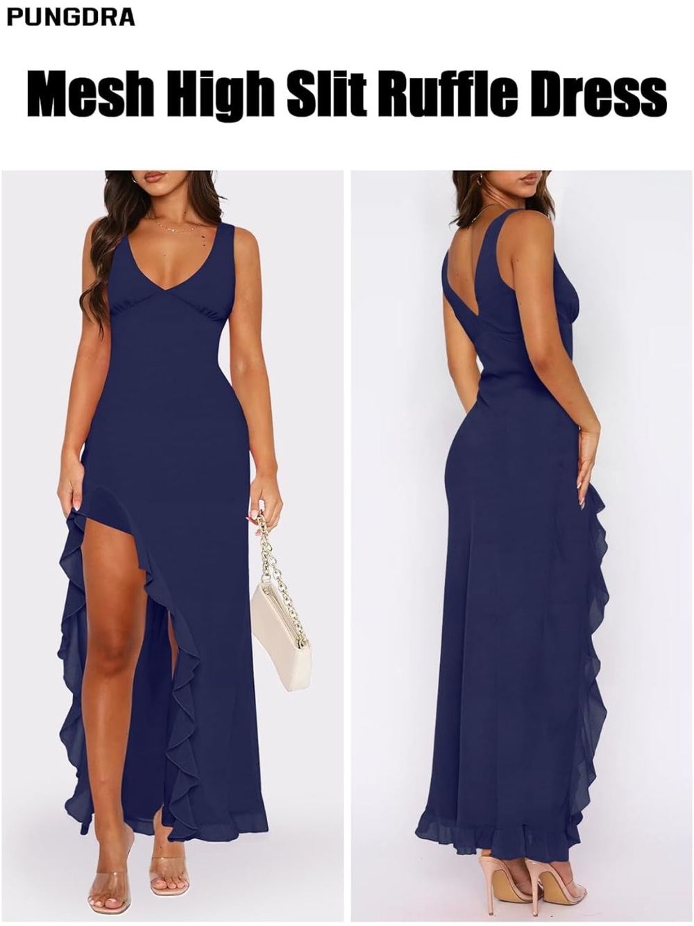 Navy Mesh High Slit Ruffle Dress